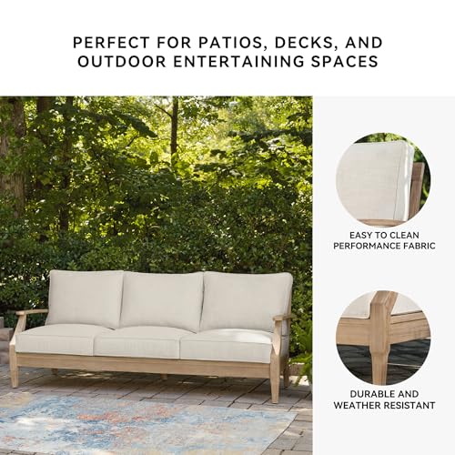 Signature Design by Ashley Carter Hall Outdoor Eucalyptus Wood Patio Sofa – Cushioned with UV-Resistant Nuvella Fabric, 5-Step Protective Finish, Beige Signature Design by Ashley