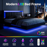 Belffin Floating Bed Frame Queen Size with LED Lights & Charging Station, Wooden Headboard with Hidden Storage and Faux Leather Backrest, Easy Cleaning, No Box Spring Needed, Noise-Free, Black Belffin