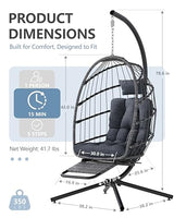 SWITTE Egg Chair Outdoor with Footrest & Stand, Indoor Wicker Hanging Egg Swing Hammock Chair with Cushion for Patio, Bedroom, Garden - Dark Gray