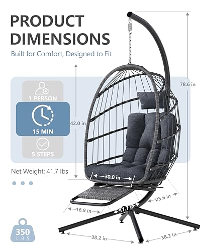 SWITTE Egg Chair Outdoor with Footrest & Stand, Indoor Wicker Hanging Egg Swing Hammock Chair with Cushion for Patio, Bedroom, Garden - Dark Gray SWITTE