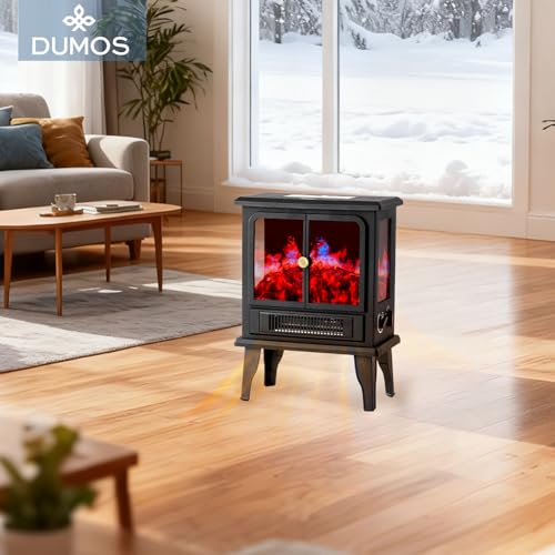 DUMOS 19” Freestanding Electric Fireplace Heater, Electric Fireplace Stove with Adjustable 3D Flame Effect, Stove with Safety Features & Easy Control, Small Corner Heater for Home Office, Inky DUMOS
