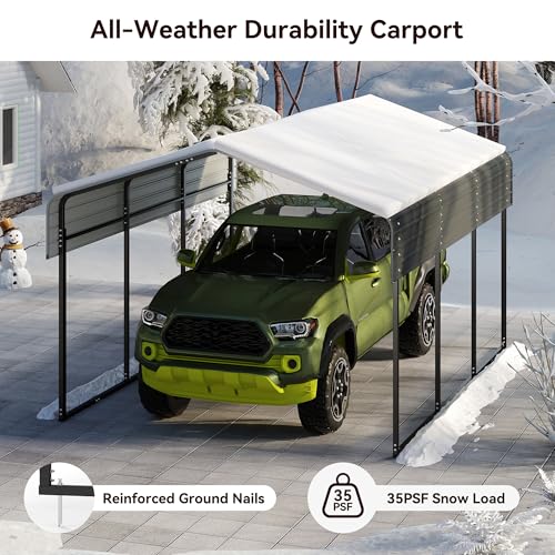 10x15FT Heavy Duty Metal Carport Canopy with Galvanized Steel Roof, Multi-Use Shelter Outdoor Garage for Car, Boat, Party,Gray PURARELAX