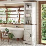 AMERLIFE 68" Tall Farmhouse Slim Storage Cabinet with Adjustable Shelves and Drawer in Antique White & Barnwood AMERLIFE