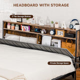 COMHOMA Platform Bed Frame with LED Lights and Charging Station, Storage Headboard and Footboard Drawers, No Box Spring Needed, Rustic Wood Look (King (U.S. Standard)) COMHOMA