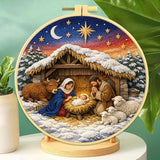 Zhenqing Nativity Embroidery Kit for Beginners, Pre-Printed 29x29cm Circular Cotton Fabric with 20cm Hoop, Christmas Nativity Scene Design for Holiday Decor (JC0025