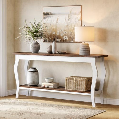 LITTLE TREE 70.9 Inches Long Console Table, 2-Tier Vintage Wooden Sofa Table Behind The Couch with Metal Legs for Hallway, Entryway, Living Room, Brown & White LITTLE TREE
