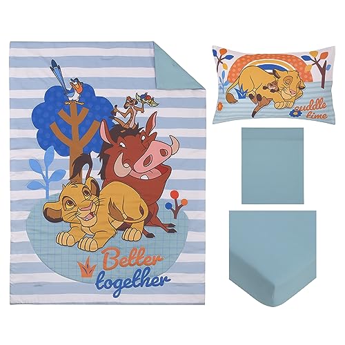 Disney The Lion King Blue, Tan, and Orange, Better Together 4 Piece Toddler Bed Set - Comforter, Fitted Bottom Sheet, Flat Top Sheet, and Reversible Pillowcase NoJo