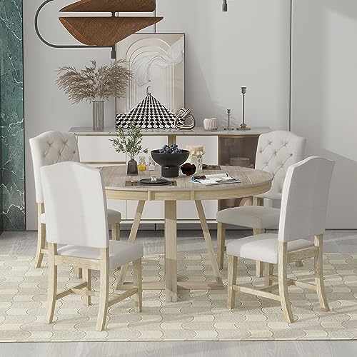 Ball & Cast 5 Piece Dining Table Set with 4 Upholstered Chairs,Living Room Furniture W/ 42" Table,Tabletop Can be Adjusted from Round to Oval in Shape,for Restaurant,Home Bistro,Natural Ball & Cast