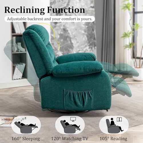 Korser Recliner Chair for Adults, Oversized 360° Swivel Rocker Recliner with Massage and Heat, Wide Nursery Glider Rocking Chair with Side Pockets, Cashmere Reclining Sofa for Living Room (Green)
