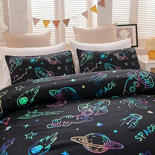 Aimuan Space Bedding Twin Bed Comforter Kids Rocket Bedding Set Super Soft & Cute Aliens UFO Printed for Boys Girls Teen (Black, Twin) Aimuan