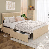 Yechen Full Bed Frame with Natural Rattan Headboard and Wooden 4 Storage Drawers, Light Oak Bedframe Metal Platform with Strong Wooden Slats Support, Bamboo Cane Beds, No Box Spring Needed Yechen