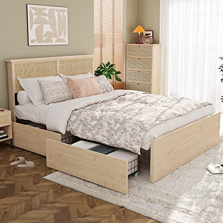 Yechen Full Bed Frame with Natural Rattan Headboard and Wooden 4 Storage Drawers, Light Oak Bedframe Metal Platform with Strong Wooden Slats Support, Bamboo Cane Beds, No Box Spring Needed Yechen