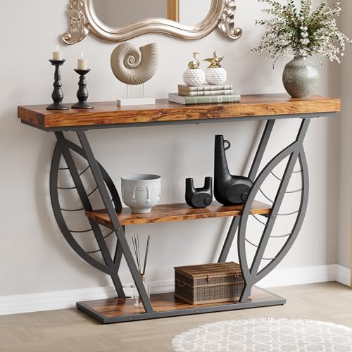 HavenlyYouth Leaf Design Console Table for Entryway, 3-Tier Storage, 30mm Thick Rustic Brown Industrial Metal Frame, Easy-to-Assemble Narrow Accent Table, Space-Saving for Hallway, Entrance, Foyer HavenlyYouth