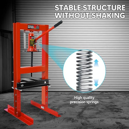 6 Ton Shop Press, H-Frame Garage Floor Adjustable Hydraulic Shop Press with Stamping Plates to Bend, Straighten, Or Press Parts, Install Bearings & U-Joints - WoodArtSupply