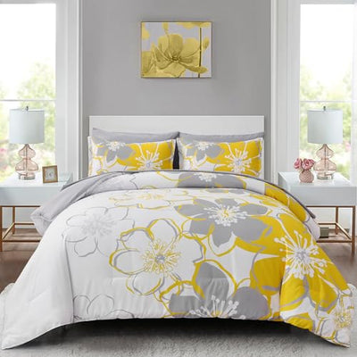 Anibedding Yellow Floral Comforter Set King Size 7 Pieces Reversible Bed in a Bag with Sheets Set for All Season, Soft Microfiber Complete Bedding Set King (104"x90")