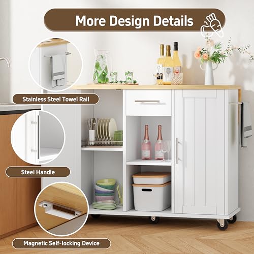 Shintenchi Kitchen Island with Storage, Bar Cart Cabinet Island Table on Wheels, Rolling Microwave Cart for Kitchen with Drop Leaf, Drawers, Towel Rack, Seating Area for Dining Room, White Shintenchi