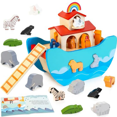 JUSTWOOD Wooden Noah's Ark Toy Animal Play Set, Bible Story Toys Baptism Gift for Boys and Girls Age 1+ Years, Baby Shape Sorter Toy