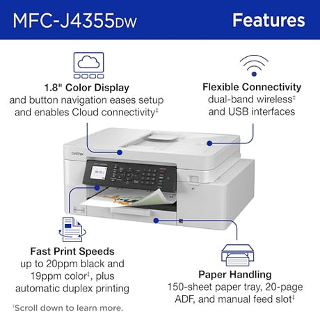 Brother INKvestment 4355 Wireless Color Inkjet All-in-One Printer with 1.8” Color Display and Manual Feed Slot | Includes Refresh Subscription Trial(1) (MFC-J4355DW) Brother