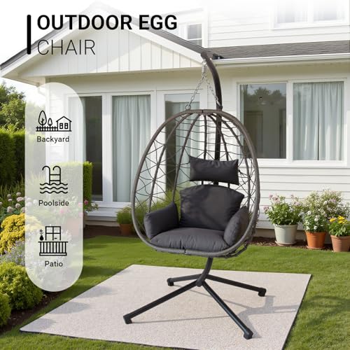 JOINFUN Egg Chair with Stand, Patio Wicker Hanging Swing Egg Chair Thickened, Galvanized Pipe Steel Frame and UV Resistant Cushion for Bedroom Garden Indoor Outdoor, 350LBS Capacity (Drak Grey)