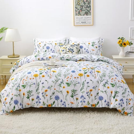 Mooreeke Duvet Cover Full Size, 3 Piece Dandelion Floral Duvet Cover Set with Zipper Closure, Soft & Breathable Microfiber Botanical Patterned Bedding Set with 4 Corner Ties and 2 Pillow Shams Mooreeke