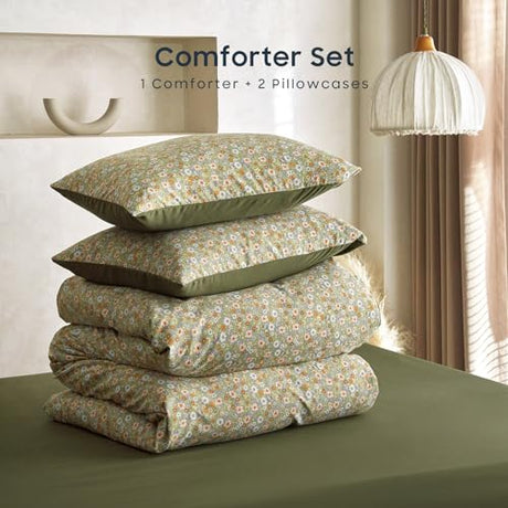 Wake In Cloud - Floral Comforter Set, Cute Vintage Flower Cottagecore Aesthetic for Women Teen Girls, Soft Lightweight Dorm Bedding, 3 Pieces, Olive Green, Twin/Twin XL Size Wake In Cloud