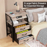 SZLHANJZ Night Stand Set of 2, Nightstands with Charger Station and LED Lights, End Tables Set with 3 Fabric Drawers, Storage Side Tables for Bedside, Living Room, Greige SZLHANJZ