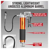 HORUSDY Heavy Duty Grease Gun with 14oz Grease Tubes | Grease Gun Flexible Hose | 7000 PSI | 18 Inch Spring Flex Hose | 2 Working Coupler | 2 Extension Rigid and 1 Sharp Type Nozzle Included HORUSDY