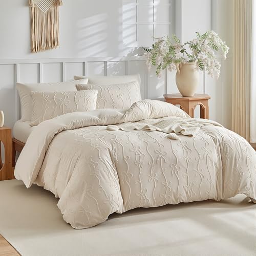 Jameswish 7 Pieces Bow Tufted Boho Comforter Set Khaki Farmhouse Shabby Chic Embroidered Bedding for All Seasons Twin Size with Comforter Sheets Pillowcases Shams Jameswish
