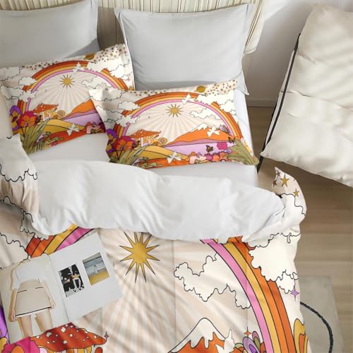 Zzzboro Comforter Set with 2 Pillowcases Queen Size, Hippy Mushroom Flower Sun Rainbow, Bed Decor Retro 70s Hippie Boho Aesthetic for Kids and Adults, Soft Cozy Bedroom Bedding Set Zzzboro
