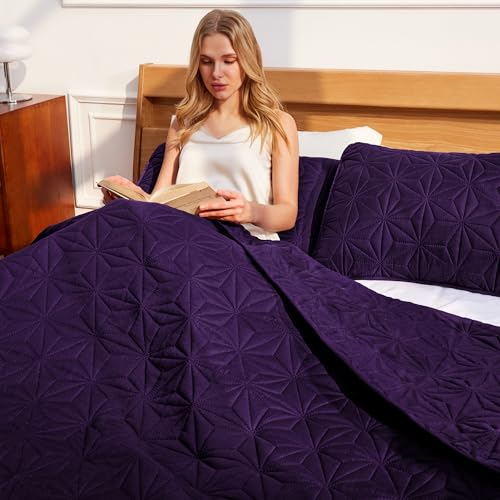 Whale Flotilla King Quilt Bedding Set, Soft Purple Bedspreads Quilts King Size for All Seasons, 3 Pieces Lightweight Geometric Star Pattern Coverlet Whale Flotilla