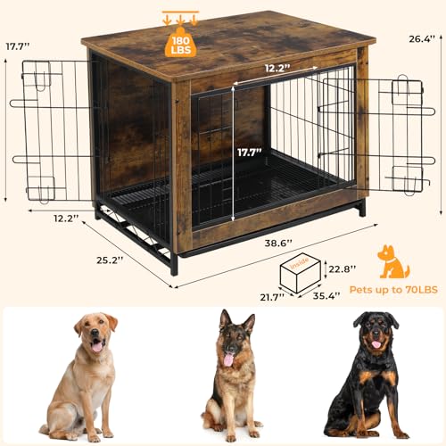 TLSUNNY Dog Crate Furniture, 38.6" Wooden Side End Table, Modern Dog Kennel with Double Doors, Heavy-Duty Dog Cage with Pull-Out Removable Tray,