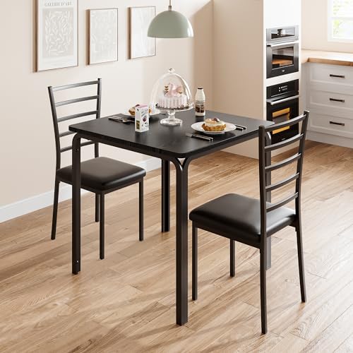 ELETHEBIA Dining Table Set for 2 Person Seat,Table with 2 Upholstered Chairs - Spacious Square Rounded Corner Top, Perfect for Apartment Living Room, Dining Room, Study, and Kitchen Workspace (Black) ELETHEBIA