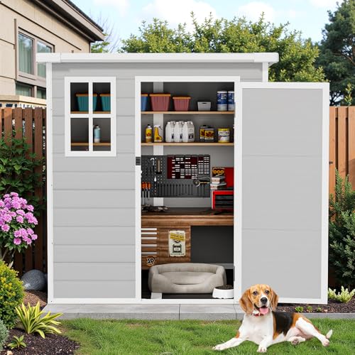 Osparple 6x6 FT Gray Resin Garden Storage Shed - Waterproof Outdoor Storage Resin Shed with Floor | Lockable Door, Window & Vents Tool Sheds for Bikes, Tools & Patio,Backyard,Lawn Osparple