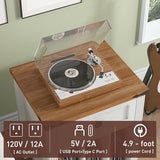 HOSEOKA Farmhouse Record Player Stand with Vinyl Record Storage, End Table with Charging Station, Wood Record Holder Cabinet Dispaly Shelf for Living Room,Bedroom,Office,White HOSEOKA