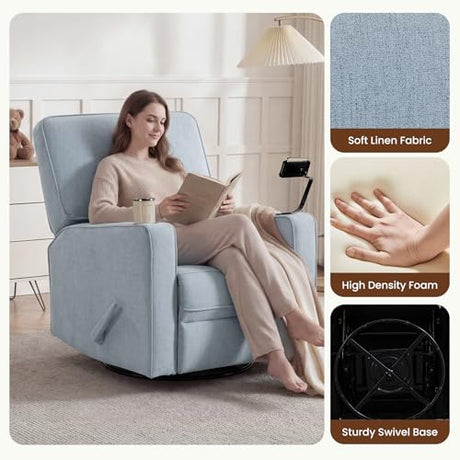 360° Swivel Rocker Recliner Chair with Adjustable Footrest, Rocking Chair Nursery with Phone Stand & Cup Holder,Manual Nursing Chair Glider Recliner Armchair for Adults, Living Room (Blue) FiveWillowise