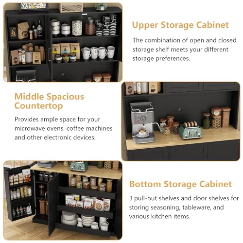71" Tall kitchen Pantry Storage Cabinet, Modern Kitchen Hutch with 3 Pull-out Drawers, Kitchen Pantries with Microwave Stand & Door Shelf, Food Pantry with Adjustable Shelves for Dining Room (Black) Gyfimoie