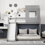Harper & Bright Designs House Bunk Beds Twin Over Full Size, Wood Bunk Beds with Roof and Window (Grey, Twin Over Full (with Slide)) Harper & Bright Designs