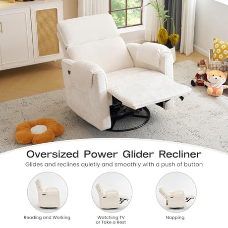 RUTOX Oversized Power Recliner Chair Swivel Glider with Adjustable Headrest, 26" Extra Wide Glider Nursery Chair with Overstuffed Armrest, USB Ports, Chenille Fabric, Cream RUTOX