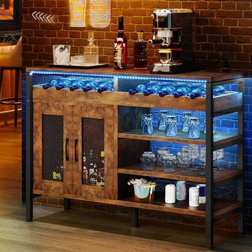 YITAHOME 47" Rustic Brown Wine Bar Cabinet with Power Outlets, LED Lights, and Spacious Storage YITAHOME
