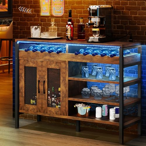 YITAHOME 47" Rustic Brown Wine Bar Cabinet with Power Outlets, LED Lights, and Spacious Storage - WoodArtSupply