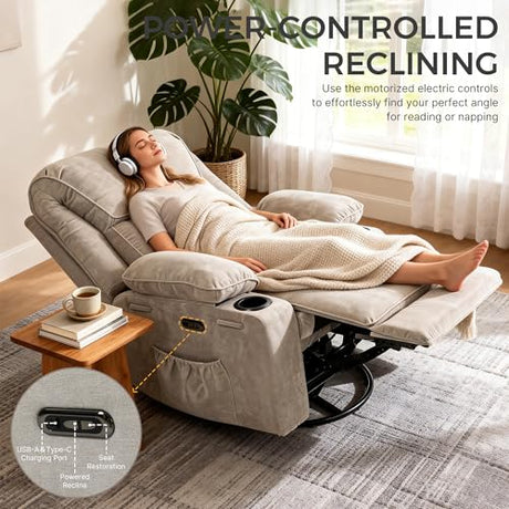 Recliner Chair Power Control, Nursery Reclining & Rocking Chair and Glider, Massage Swivel Living Room Furniture for Small Spaces, Bedroom, RVS, Lounge Sofa Chairs with USB & Type C Ports, Light Gray BRTHORY