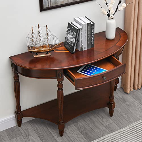 MODERION Solid Wood Console Table with Drawer, Semi-Circle Entryway Storage Shelf, Half-Moon Carvings Side Elegant Vintage Sofa for Living Room,Blank Wall Walnut SFZ1533WD-DR Brown 47.7*18*30.2 MODERION