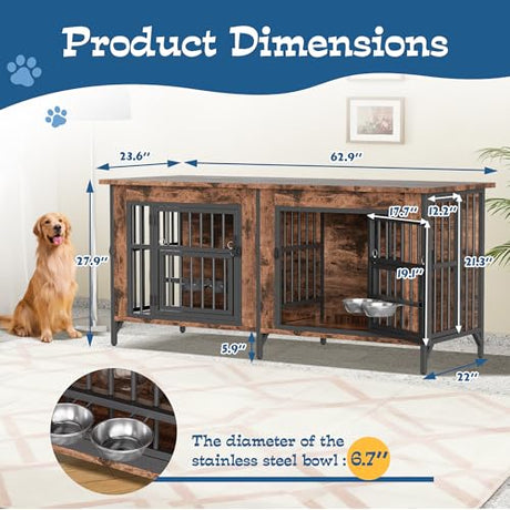 Grepatio 63" Dog Crate Furniture for 2 Dogs, Large Dog Kennel with 360° Rotating Feeder Bowls, Indoor Double Dogs Crates with 4 Doors, Wooden Crate TV Stand with Removable Divider Grepatio