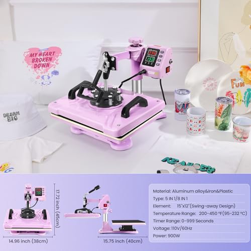 AKEYDIY Heat Press Machine 8 in 1 Combo 12x15 Inch Shirt Press Machine Heat Press Sublimation Machine for T-Shirts, Hats Caps Tumblers Glass Cans Mugs, and Plates (Pink Purple 8 in 1) AKEYDIY