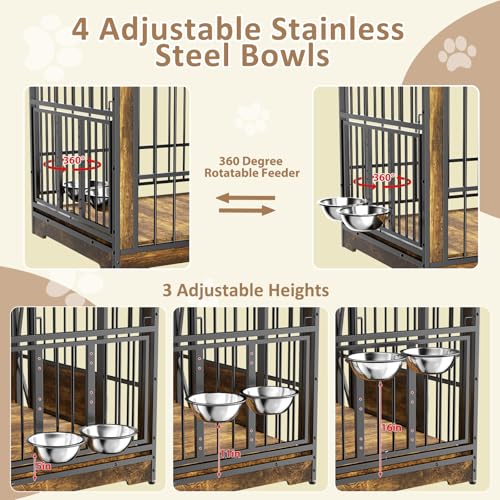 61'' Double Dog Cage Furniture for 2 Dogs, TV Stand Dog Kennel with Adjustable Divider, Heavy Duty Double Dog Crate Furniture Indoor with 4 Bowls, XL Dog Crate End Table for Medium Small Breed, Brown BEURUKU