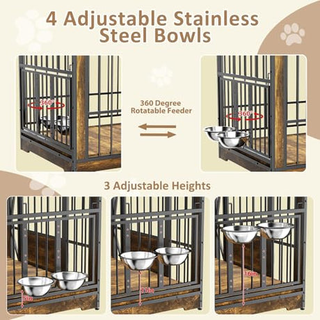 61'' Double Dog Cage Furniture for 2 Dogs, TV Stand Dog Kennel with Adjustable Divider, Heavy Duty Double Dog Crate Furniture Indoor with 4 Bowls, XL Dog Crate End Table for Medium Small Breed, Brown BEURUKU