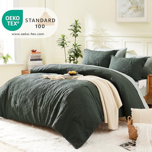 Geniospin Queen Comforter Set - 7 Pieces Dark Green Bedding Set, Botanical Textured Comforter Bed Set, All Season Lightweight Bed in a Bag with Comforter, Sheets, Pillowcases & Shams Geniospin