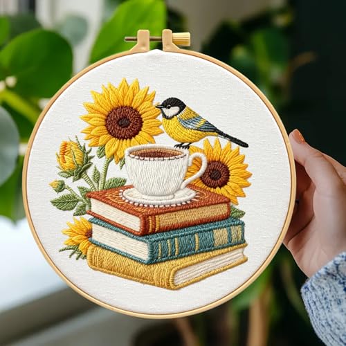 Zhenqing Sunflower Bird & Books Embroidery Kit for Beginners - Complete Set with Pre-Printed 29x29cm Cotton Fabric, Hoop, Threads & Tools(C0112)