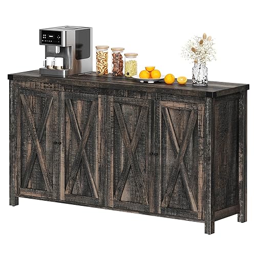 YITAHOME Farmhouse Sideboard Buffet Cabinet with Storage with 4 Doors, 55'' Large Kitchen Storage Cabinet, Wood Coffee Bar Cabinet with Adjustable Shelf for Kitchen, Living Room, Dark Oak YITAHOME