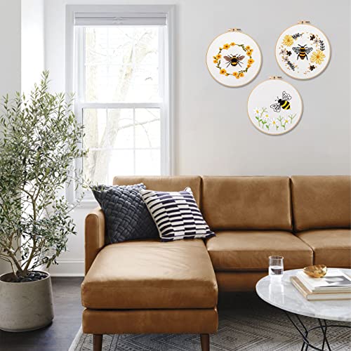Lukinbox Embroidery Kit for Beginners Adults, 3 Sets Cross Stitch Starter Kits Include 3 Stamped Embroidery Clothes with Floral and Bee Pattern, 1 Embroidery Hoop, Threads, Needles and Instructions